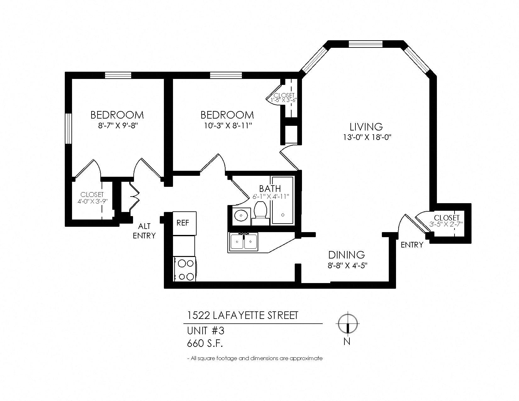 Floor plan for 2 beds, 1 bath, 660 sqft